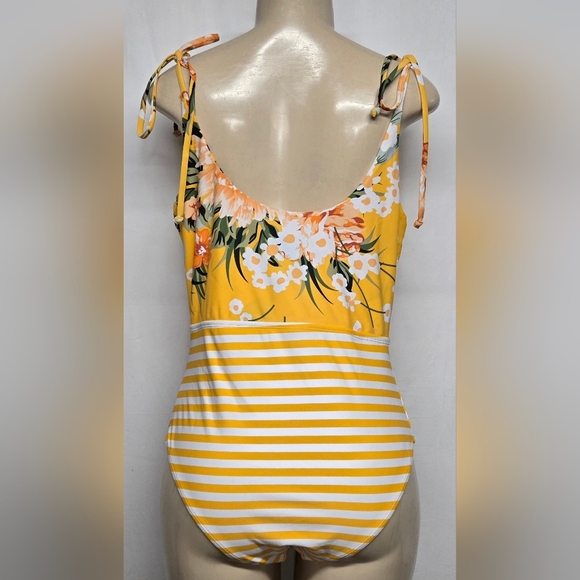 One Piece Bathing Suit Swimsuit Golden Yellow Floral Tie Front And Shoulders L - Picture 4 of 6